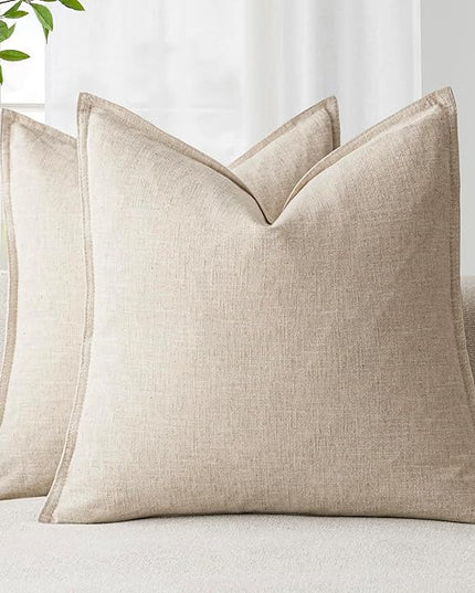 Foindtower Pack of 2, Decorative Linen Soild Throw Pillow Covers Soft Accent Cushion Case Boho Farmhouse Neutral Pillowcase for Couch Sofa Bedroom Living Room Home Decor 18 x 18 Inch Natural Beige