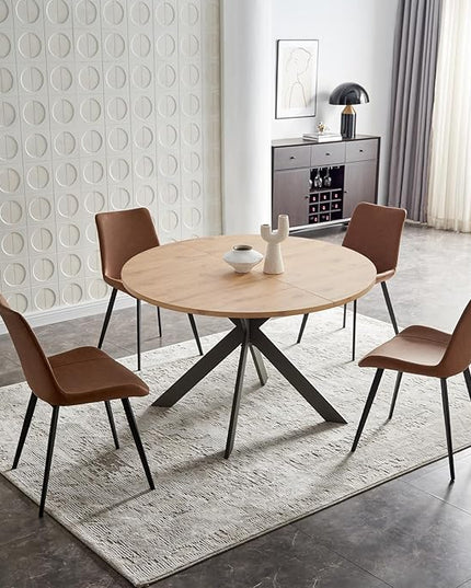 46.4" Round Dining Table Set, Mid Century Modern Round Dining Table for 4-6 Person, w/Steel Legs, Coffee Table for Kitchen Dining Room, Office, Save Space (1 Table with 4 Brown Chairs)
