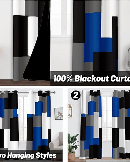 Blue Gray 100% Blackout Curtains for Bedroom 63 inch Length 2 Panels Set White Grey Modern Abstract Geometric Black Out Curtains Insulated Room Darkening Window Drapes for Living Room, 42Wx63L