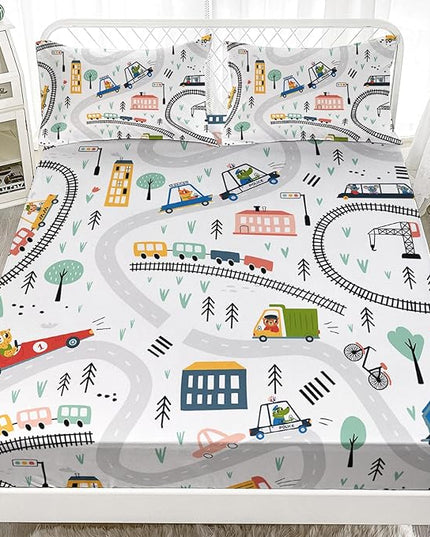 Ailonen Construction Cars Bed Linens - Queen Size Sheet Set With 1 Fitted Sheet and 2 Pillowcases For Boys Kids