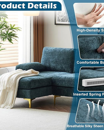 VINGLI 110" Large U-shape Sectional Sofa Couch with 51"D Double Chaise for Living Room, Modern Sectional Couch Set with Soft 5.9" Thickness Seating Padding, Chenille Fabric ,Metal Gold Legs(Rich Cyan)