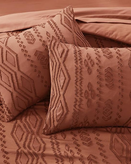 King Size Comforter Set Autumn Leaf, Tufted Boho Bedding Farmhouse Bed Set, All Season 7 Pieces Bed in a Bag with Sheets, Pillowcases & Shams