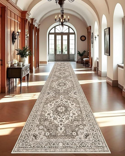 Washable Oriental Hallway Runner Rug - 3x20 Rugs for Living Room Soft Carpet for Bedroom Kitchen Waterproof Floral Distressed Indoor Stain Resistant Non-Shedding Floor Carpets (Beige, 3X20)