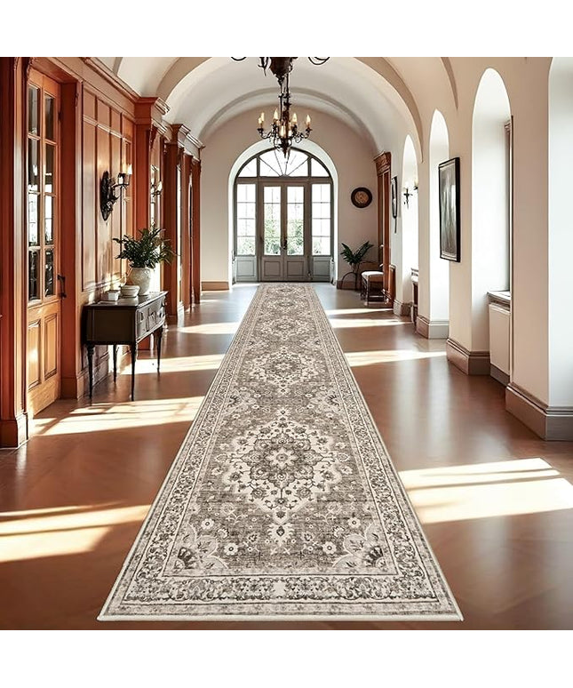 Washable Oriental Hallway Runner Rug - 3x20 Rugs for Living Room Soft Carpet for Bedroom Kitchen Waterproof Floral Distressed Indoor Stain Resistant Non-Shedding Floor Carpets (Beige, 3X20)