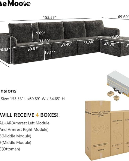 EASE MOOSE Cloud Couch Sectional Sofa, Large L-Shaped Oversized Modular Couch for Living Room, Minimalist Boneless Convertible Couches with Ottoman, 5-Seat Deep Sofa for Bedroom, Chenille (Dark Grey)