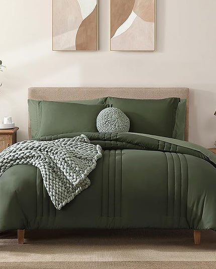 Monbix Twin XL Size Comforter Set - Extra Long 5 Pieces Dorm Bedding Sets, Quilting Design Fluffy Bed in a Bag Twin XL with Sheets, Pillowcase & Sham(Olive Green)