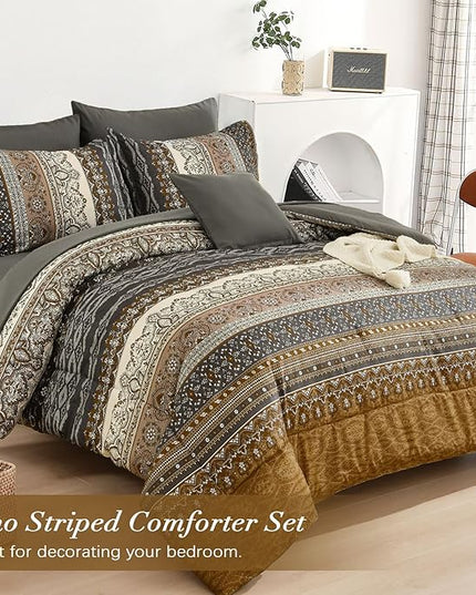 Cottolester Boho King Comforter Set 8 Pieces,Brown Black Bohemian Comforter Paisley Striped Bed in A Bag,Soft Microfiber Bedding Set for All Season