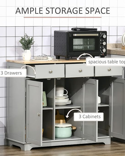 HOMCOM Sideboard with Solid Wood Countertop, Modern Kitchen Storage Cabinet, Coffee Bar Cabinet with 3 Drawers, Doors and Adjustable Shelf, Gray