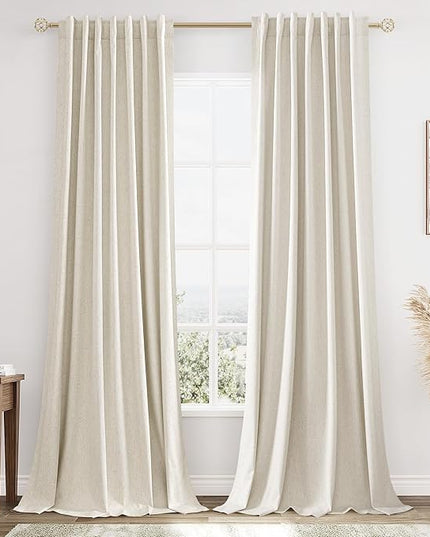 Guken Beige Cream Linen Blackout Curtains 108 Inch Length 2 Panels Set for Living Room Bedroom Back Tab Thermal Insulated 100% Black Out Linen Drapes Room Darkening Window Curtains 108 Inches Long