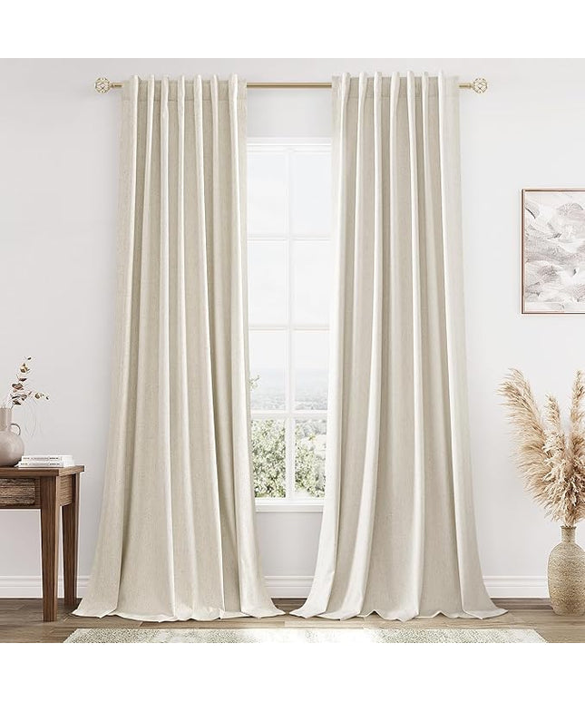 Guken Beige Cream Linen Blackout Curtains 108 Inch Length 2 Panels Set for Living Room Bedroom Back Tab Thermal Insulated 100% Black Out Linen Drapes Room Darkening Window Curtains 108 Inches Long