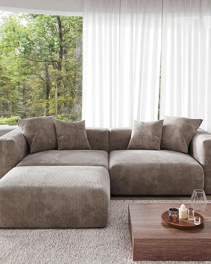 JACH Sectional Couches for Living Room, Modern Corduroy Modular Sectional Couch with Chaise Ottoman, Cushion Covers Removable, Corduroy Sofas Couches for Living Room, Office (Light Brown)