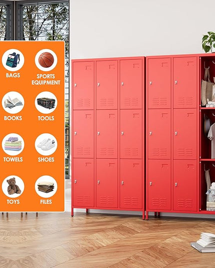 Aobabo New 9 Doors Metal Storage Locker for Employees, Lockable Steel Locker with Name Card Slot and 27 Hooks for School Office Gym Garage, Red, Assembly Required