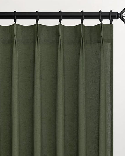 Olive Green Linen Semi Sheer Curtains 86 Inches Long,Spring Boho Natural Bedroom Living Room Home Decor,Cotton Linen Blended Light Filtering Pinch Pleated Window Curtain 7.17ft Panels Set of 2