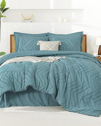 Litanika Grayish Teal Full Size Comforter Set with Sheets - 7 Pieces Bed in a Bag Full Boho Tufted Complete Bedding Sets with Comforter, Sheets, Pillowcases & Shams