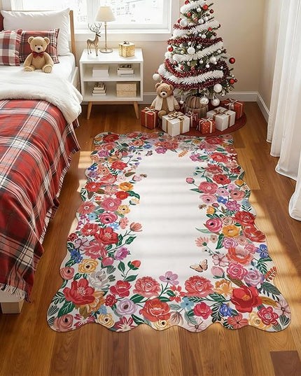 Wonnitar Washable Area Rug 3x5, Soft Red Camellia Floral Rugs for Living Room Bedroom, Non Slip Cute Flower Nursery Rug Scalloped Rug Carpet for Kids Room Bedside Entryway Laundry Room (Red,3'x5')