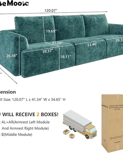 EASE MOOSE Boneless Couch for Living Room, Sectional Cloud Sofa, Modular Cloud Couch, 3-Seater Deep Seat Sofas with Pillow for Bedroom, Apartment, No Assembly Required, Chenille (Blue)
