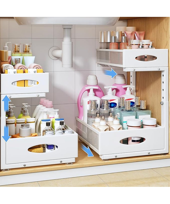 Under Sink Organizer, 2 Tier Pull Out Under Cabinet Organizer Shelf with Pad for Framed Cabinets, Metal Slide Out Under Sink Storage, Mesh Sliding Drawers for Kitchen Bathroom Laundry(White, 1 Pack)