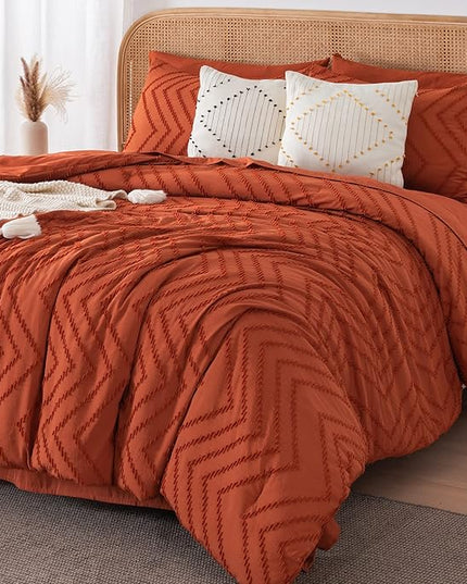 Litanika California King Comforter Set with Sheets Burnt Orange - 7 Pieces Bed in a Bag Cal King Boho Terracotta Bedding Sets Rust Lightweight Bed Set with Comforter, Sheets, Pillowcases & Shams