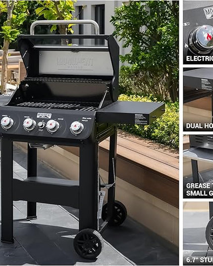 Monument Grills 4-Burner Liquid Propane Gas Grill, Matte Black Stainless Steel Burner Grill with Clearview® Lid and One Foldable Shelf for Outdoor Cooking Kitchen Patio Backyard Barbecue, Mesa420MF