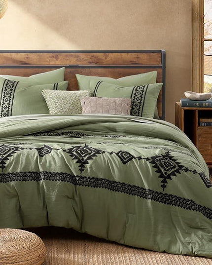 MaiRêve Embroidery King Size Comforter Set Light Olive Green, Farmhouse Western Boho Bedding Set 7 Pieces, All Season Bed in A Bag Comforter Set with Sheets, Pillowcases & Shams