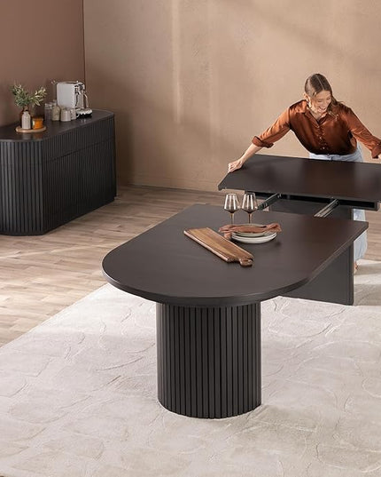 Transformer Table - Solid Wood Extendable Round Dining Table Set with Sideboard Panel Storage Cabinet, Extendable Round Dining Set, Smoked Hickory, Black Finish (Table + Storage)