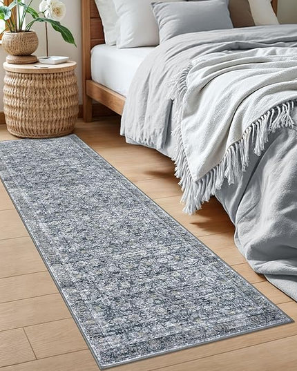 2x6 Washable Runner Rug for Hallways, Grey Brown Soft Neutral Vintage Kitchen Rugs with Non-Slip, Non-Shedding Distressed Floral Rug for Bedroom Kitchen Porch Laundry Entryway