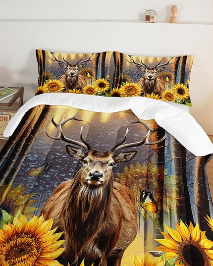 Deer Bedding Sets for Kids Boys Girls Room Decor,Hunting Themed Forest Sunflower Bedding Comforter Sets,Western Comforter Sets Woodland Camo Queen Bedding Set with 2 Pillowcases.