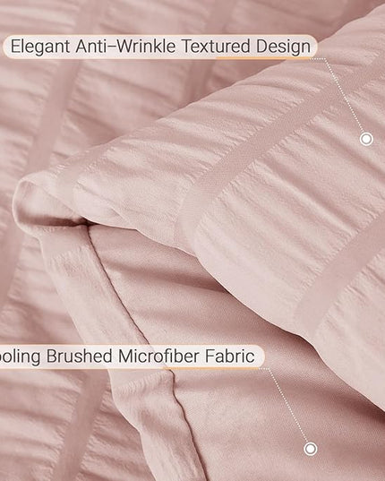 MUXHOMO 7 Pieces Queen Comforter Set, Seersucker Bed in a Bag Queen Size, All Season Luxury Bedding Set with Comforter, Flat Sheet, Fitted Sheet, Pillowcases & Shams, Rose Gold