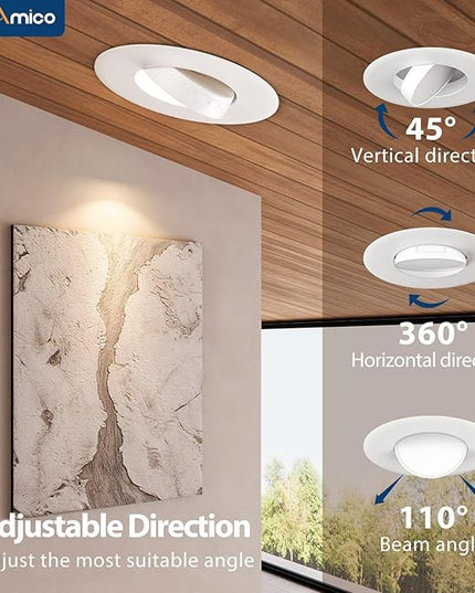 Amico 12 Pack 6 Inch Retrofit Eyeball Gimbal Can Lights, Adjustable Eyeball Directional 5CCT LED Recessed Lights, Dimmable, 2700K/3000K/3500K/4000K/5000K Selectable, 7W 650LM, ETL&FCC