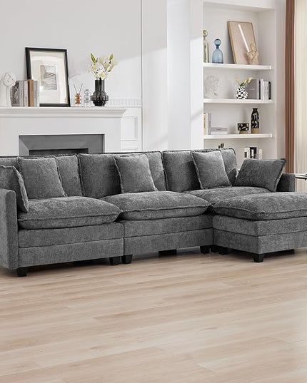 111'' Sectional Cloud Deep Seat Couch, Modern Comfy Chenille L Shaped Sectional Sofa for Living Room Set, Upholstered Modular 4-Seats Sofa Couch with 1 Movable Ottoman, Grey