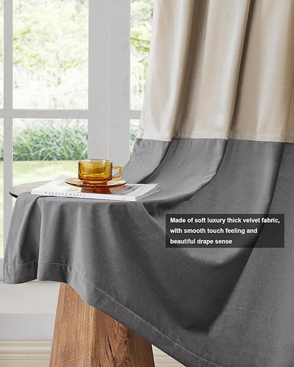 BULBUL Champagne Grey Color Block Window Curtains Panels 72 inches Long Velvet Farmhouse Drapes for Bedroom Living Room Darkening Treatment with Grommet Set of 2