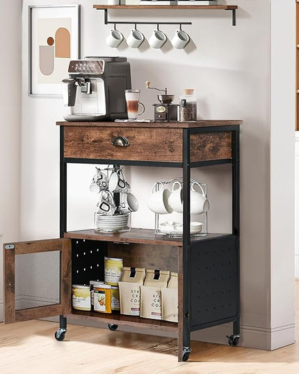 Catrimown Coffee Cart Station, Coffee Stand Station, Small Microwave Stand with Drawer, Movable Farmhouse Coffee Station Table on Wheels for Living Room, Entryway, Dining Room, Kitchen
