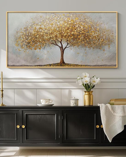 Large Framed Tree of Life Gold Wall Art, Modern Canvas Prints Paintings Artwork for Walls, Luxury Golden Big Tree Pictures for Bedroom Dining Room Fireplace Office Living Room Wall Decor