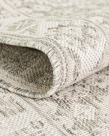 Rugs.com Outdoor Aztec Collection Rug – 3 Ft Round Light Gray Flatweave Rug Perfect for Kitchens, Dining Rooms