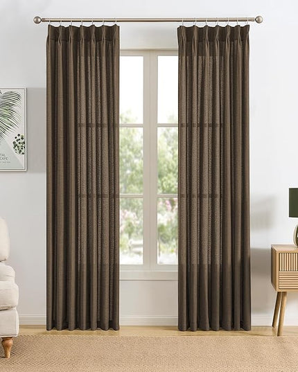 Brown Pleated Linen Curtains 102 Inches Long Farmhouse Semi Sheer Memory Trained Shape Pinch Pleat Drapes with Hooks Back Tab Ripple Fold Curtain for Bedroom Living Room 42x102