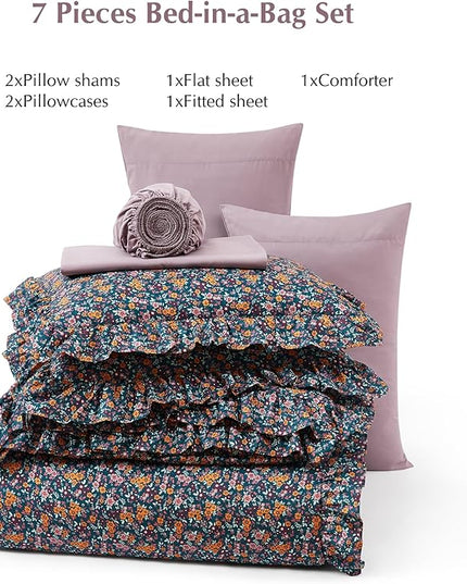 Full Comforter Set - 7 Pieces Ruffle Deep Forest Bedding Sets, Shabby Chic Farmhouse Bed in a Bag with Ruffle Comforter, Sheets, Pillowcases & Shams