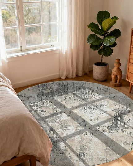 Modern Abstract 4x4 Round Area Rug Non Slip Non Shedding Rug Low Pile Stain Resistant for Bedroom Living Room Office Dining Room,Grey Yellow