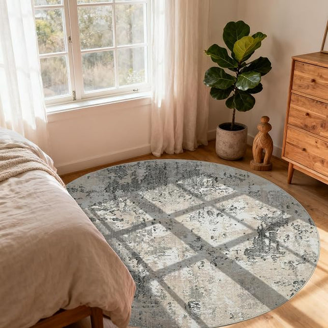 Modern Abstract 4x4 Round Area Rug Non Slip Non Shedding Rug Low Pile Stain Resistant for Bedroom Living Room Office Dining Room,Grey Yellow