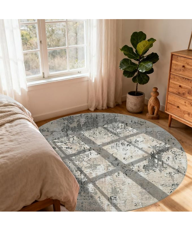Modern Abstract 6x6 Round Area Rug Non Slip Non Shedding Rug Low Pile Stain Resistant for Bedroom Living Room Office Dining Room,Grey Yellow