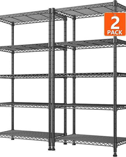 REIBII 1000LBS Wire Shelving Unit, 5 Tier Adjustable Metal Storage Shelves for Kitchen Pantry Office Steel Organizer Wire Rack for Narrow Space, 13.4" D x 23.2" W x 60" H, Black,2PCS