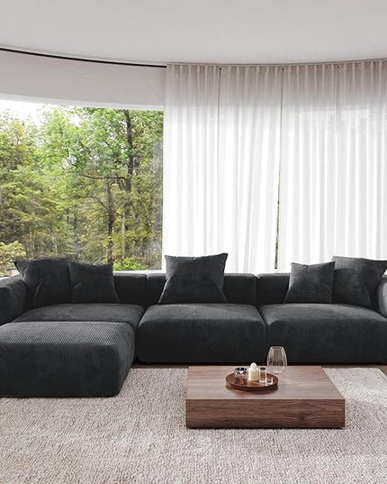 JACH Modern Corduroy Sectional Couch, Modular Sectional Sofa with Chaise Ottoman, Cushion Covers Removable, Oversized Deep Seat Soft Couches for Living Room, Office (Black)