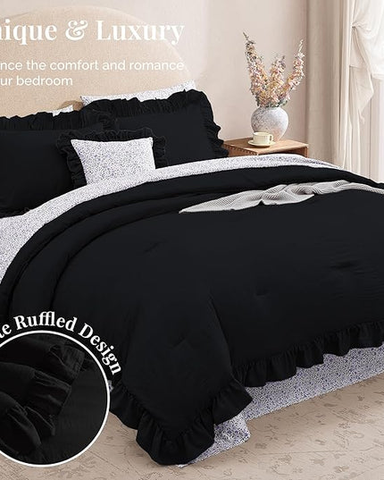 Full Comforter Set - 7 Pieces Ruffle Black Bedding Sets, Shabby Chic Farmhouse Bed in a Bag Full with Ruffle Comforter, Floral Sheets, Pillowcases & Shams