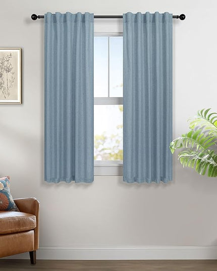 Pitalk Blue Curtains 38 Inch Wide for Small Window 2 Panel Set Back Tab Rod Pocket Linen Blend Semi Sheer Cafe Tier Narrow Curtain for Bathroom Kitchen Door Basement Width 38x45 Inch Length Stone Blue
