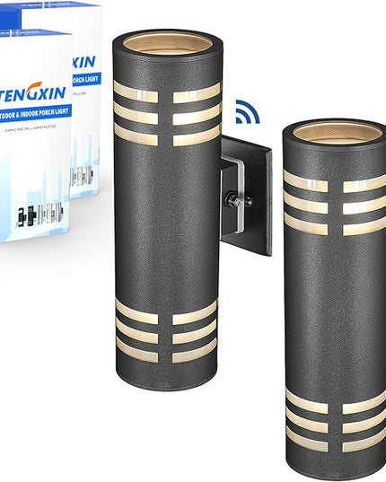 TENGXIN Outdoor Wall Lights, 2-Pack Dusk to Dawn Modern Outdoor Wall Sconce with Stainless Steel Cylinder, Black Finish Wall Mount Light,IP65 Waterproof