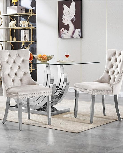 7 Piece Dining Table Set with 6 Beige Dining Chairs, Modern Glass Kitchen Table and Chairs Set for 6, 70" Rectangle Silver Glass Pedestal Dining Room Tables with Ring-Shape Stainless Steel Base