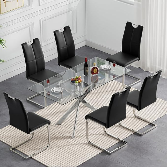 HomVent 7 Pieces Rectangular Glass Dining Table Table Set, Glass Kitchen Table Set for 6 with 6 PU Dining Chairs for Kitchen Dining Room
