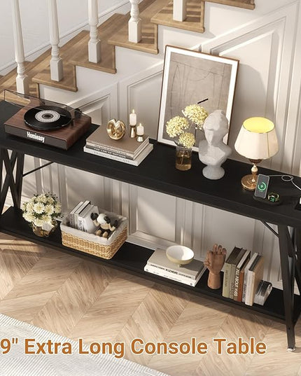 Homieasy 70.9 Inch Extra Long Console Table, Industrial Sofa Table Behind Couch with Charging Station & Storage Shelf, Entryway Table for Living Room & Entryway, Black