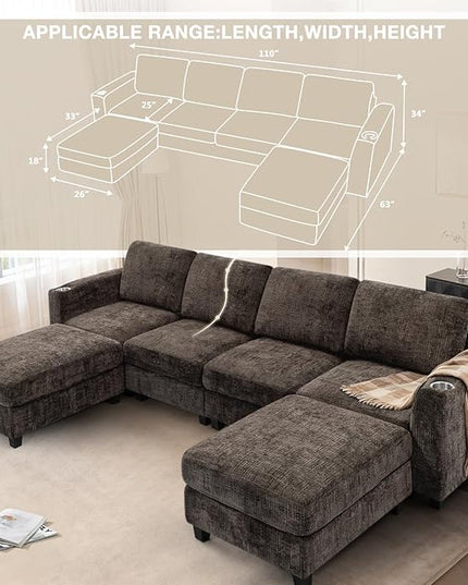 110" Convertible U-Shape Couch with 2 Flexible Ottomans, Soft Sectional Sofa with 2 Built-in Cup Holders, Chenille 4 Seats Sofa with Well-Filled Back Cushions for Living Room, House, Brown