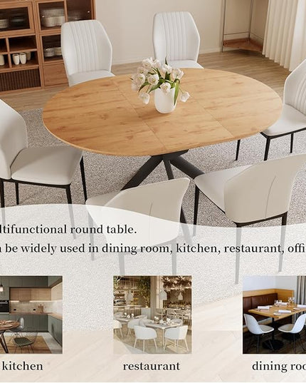 43.2"-59.1" Extendable Round Dining Table Set, Kitchen Table for 4-6 Person with Scratch-Resistant Thickened MDF Board, Oak Coffee Table w/Metal Legs