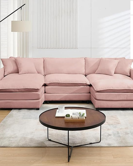 Modular Sectional Sofa, 108.27'' Modern Sleeper Couch with 3 Seat & 2 Ottoman & 3 Pillows Sofa Set, Comfy Cloud Couches with Movable Ottoman Deep Seat Sofa for Living Room,Chenille (Pink, U Shaped)